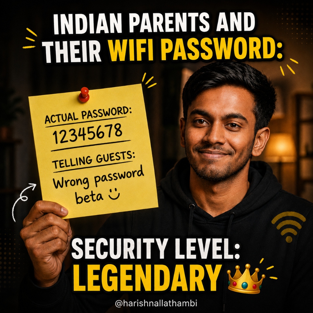 Harish Nallathambi meme — Indian Parents and their WiFi Password